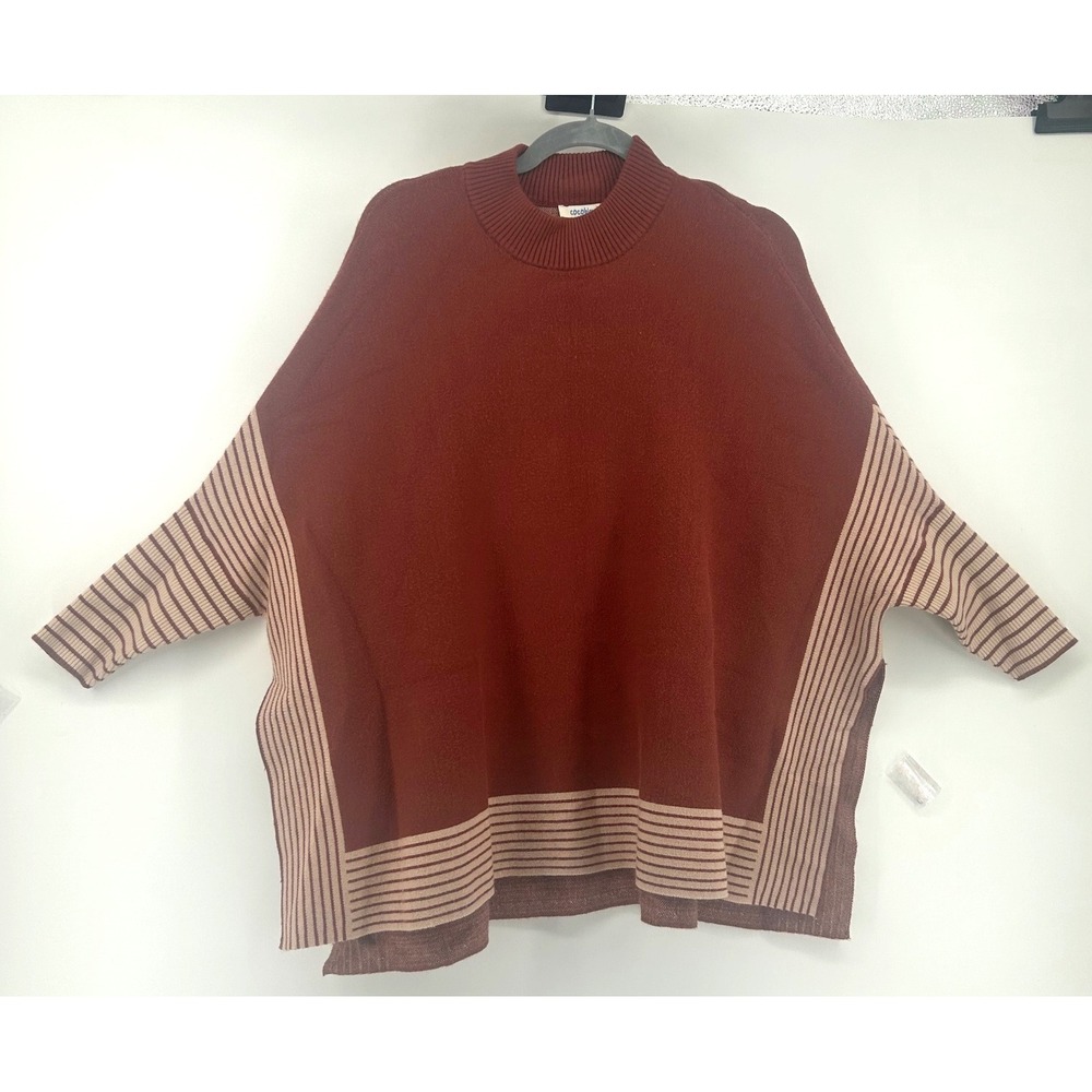 Cocobleu Rust Brown Striped Mock Neck Oversized Poncho Sweater Womens SM